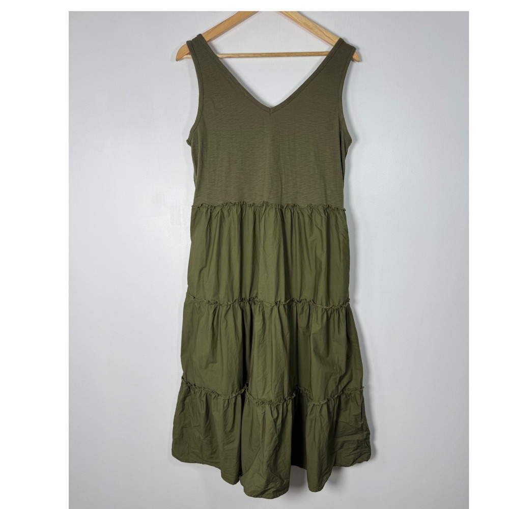 Earthy Prairie Flag & Anthem Womens Medium Tiered Midi Dress Olive Green Pockets